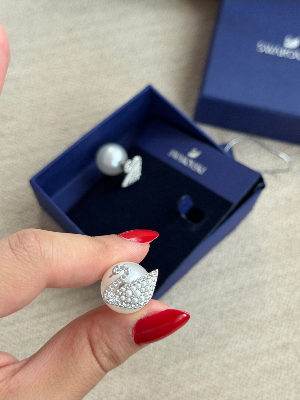 Swarovski Pearl and Crystal Swan Earrings in White and Silver - Picture 2 of 5